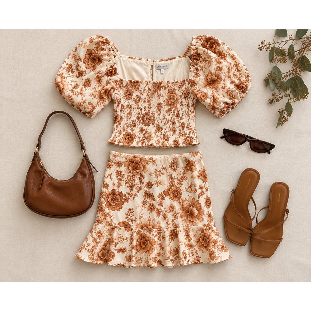 Vestique Rust Cream Floral Cotton Puff Sleeve Crop Top Mini Skirt Set M NWT - Picture 12 of 12